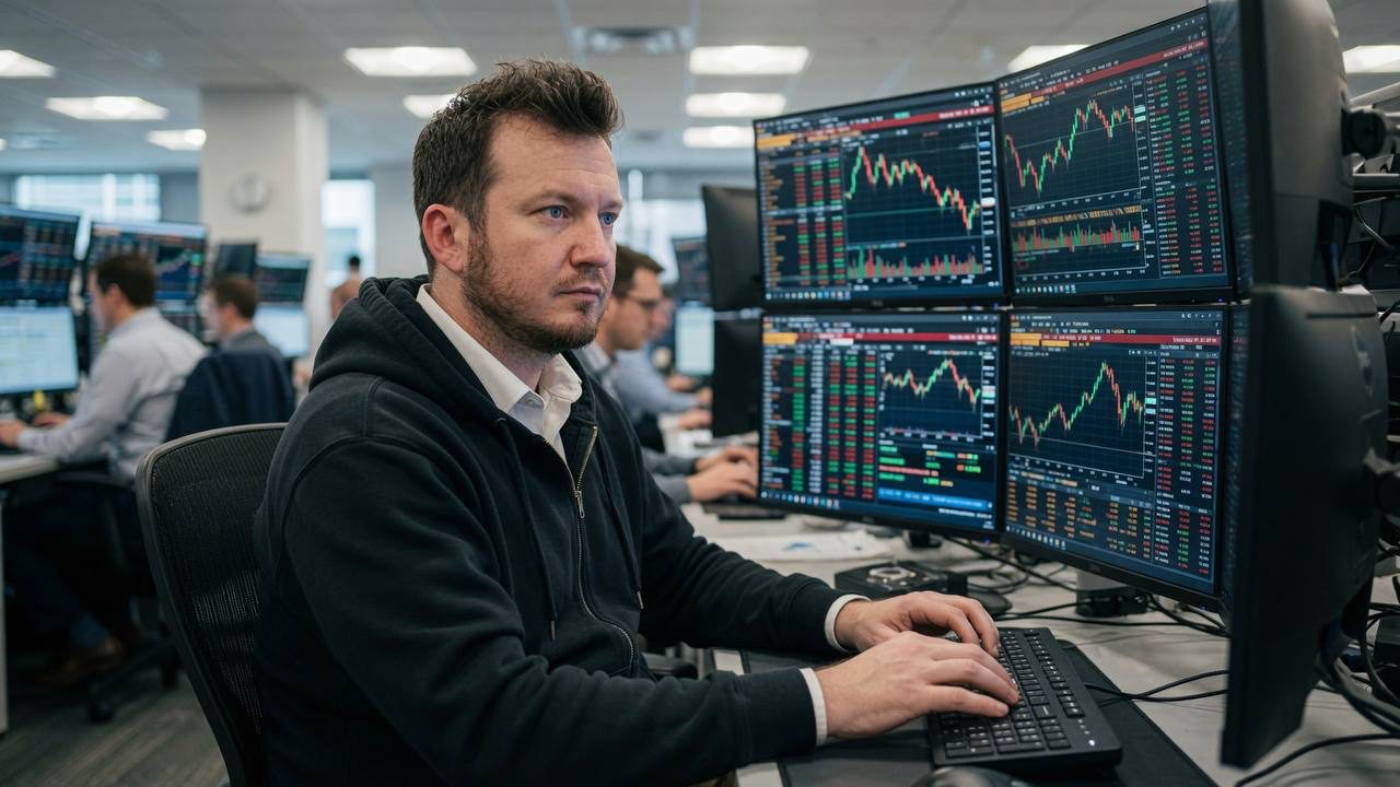 Connor Houlihan at a trading desk